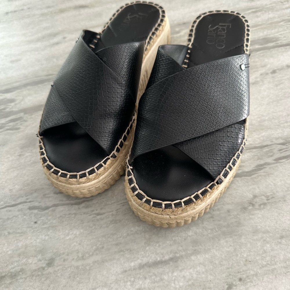 Franco Sarto Black Leather Espadrille Slides - Size 7